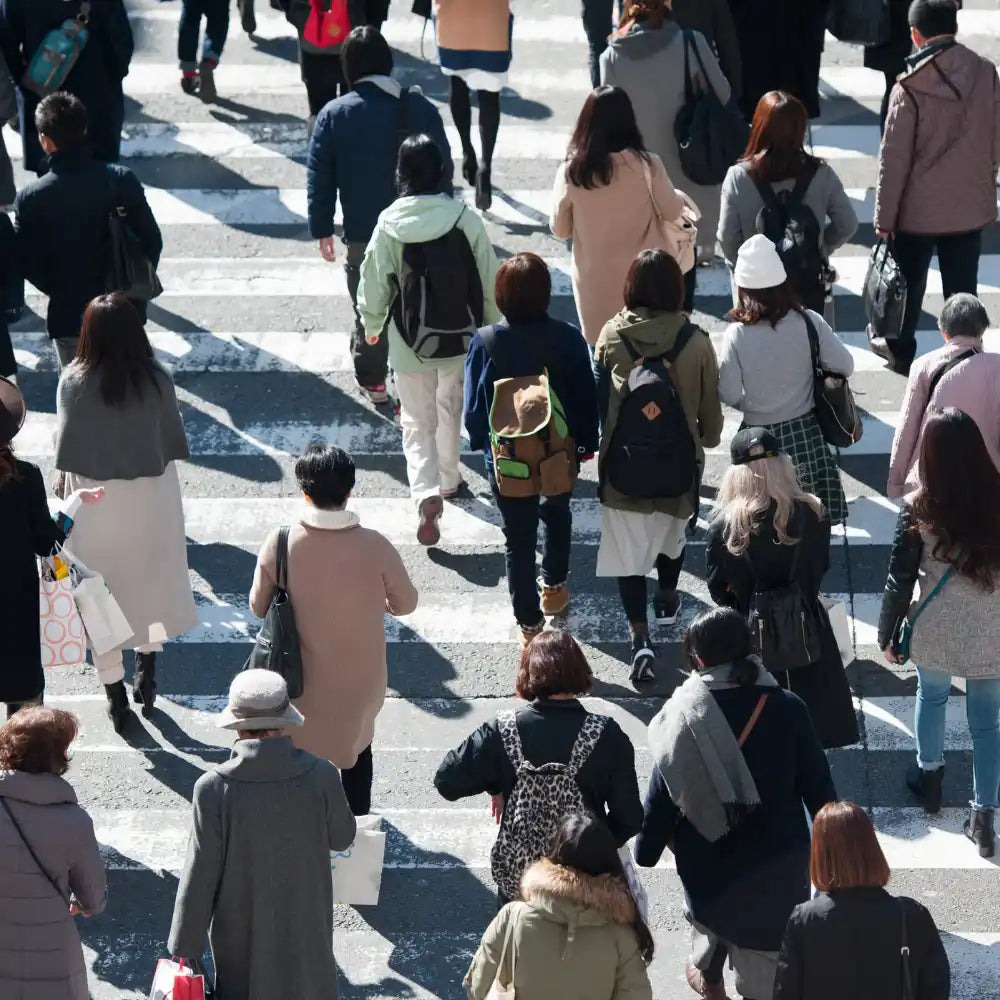 Crowd crossing zebra stripes.