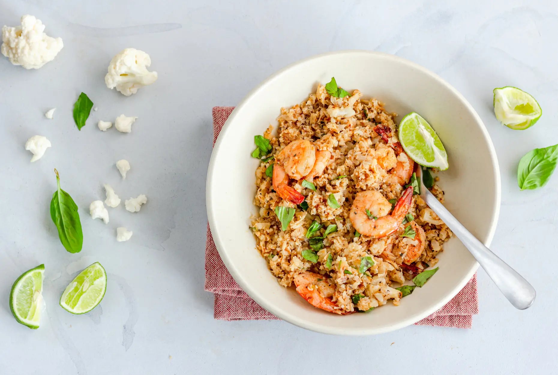 Cauliflower Rice with Grilled Shrimp and Spicy Drizzle