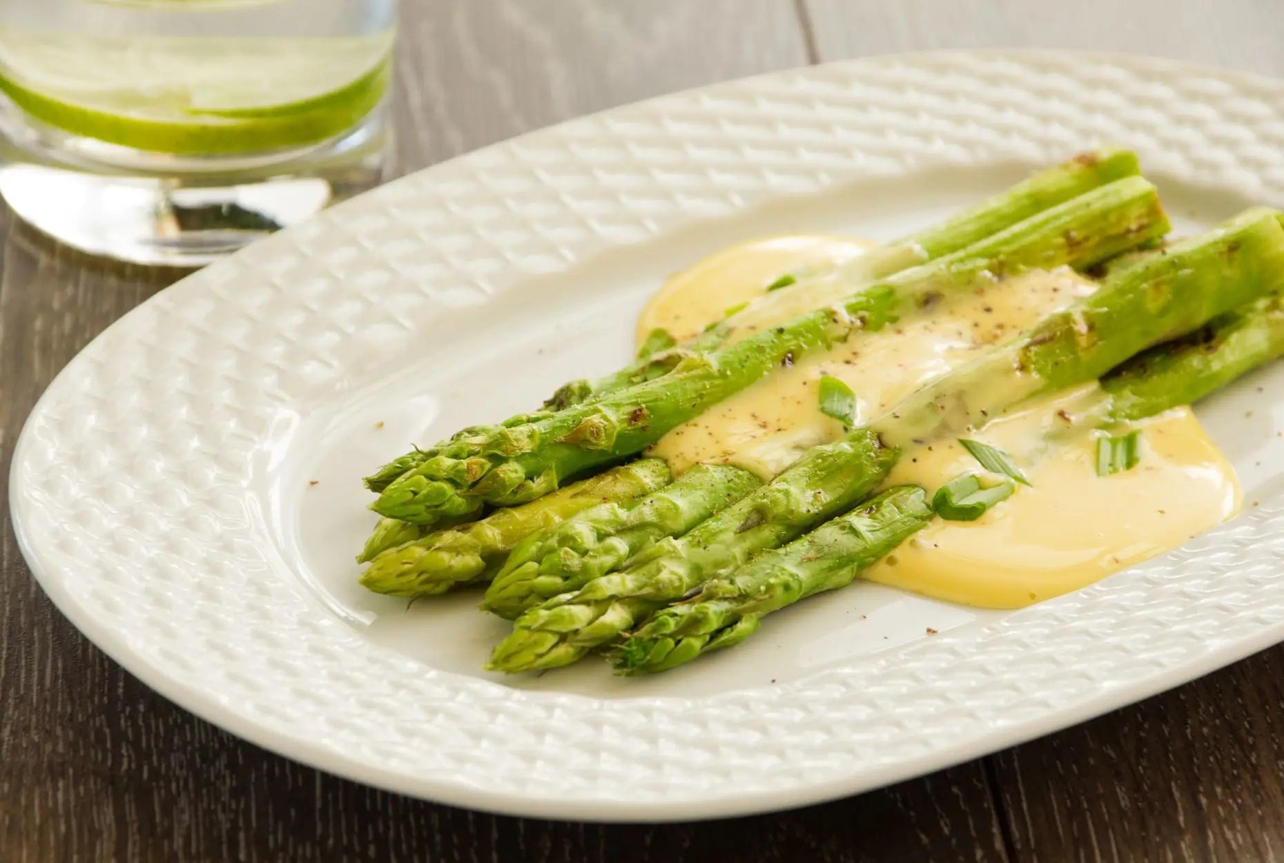 Grilled Asparagus with Creamy Sweet Potato Sauce and Crispy Rosemary