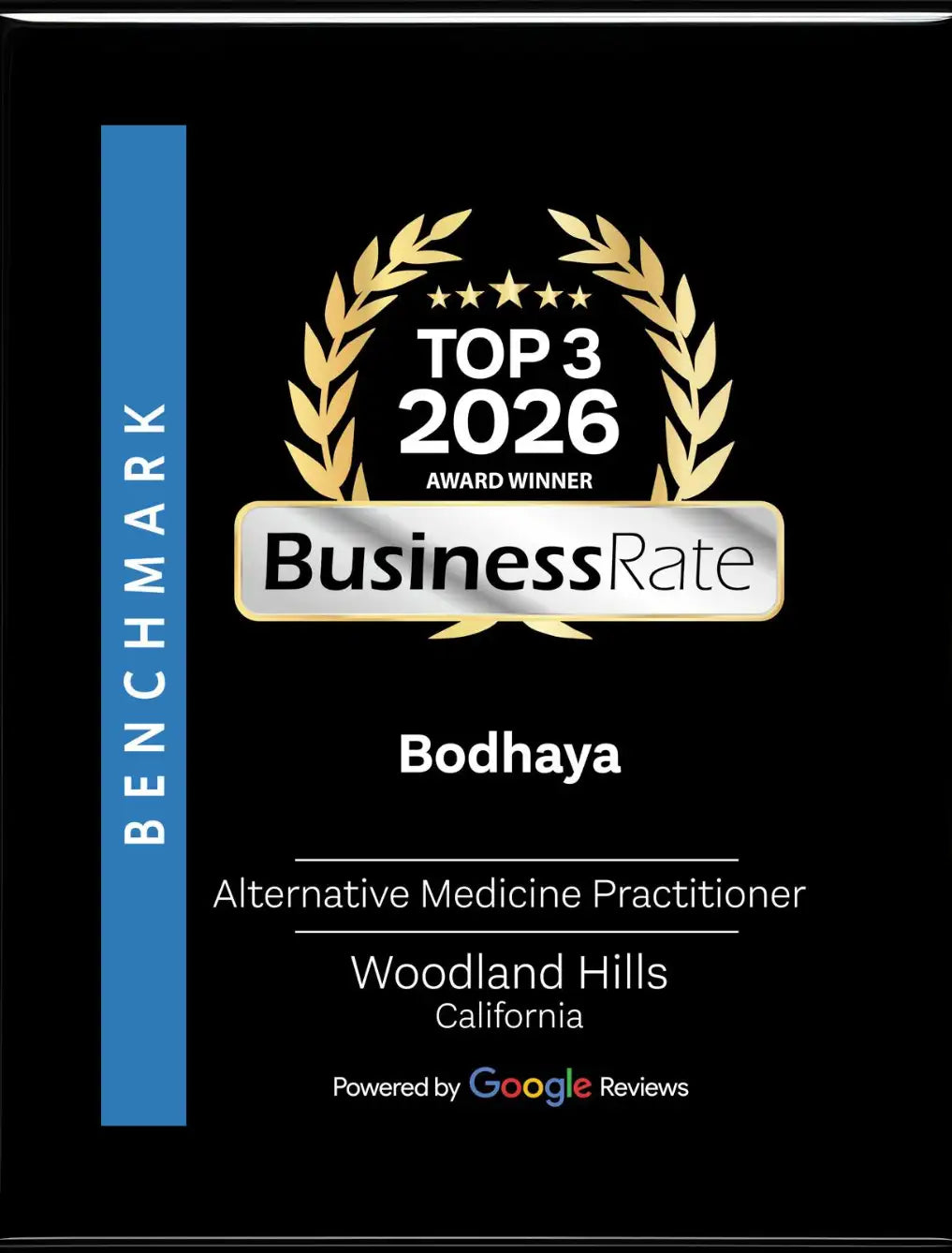 Black award plaque featuring a gold laurel wreath and stars, with ’top 3 2026 award winner’ in white text above the silver businessrate logo.