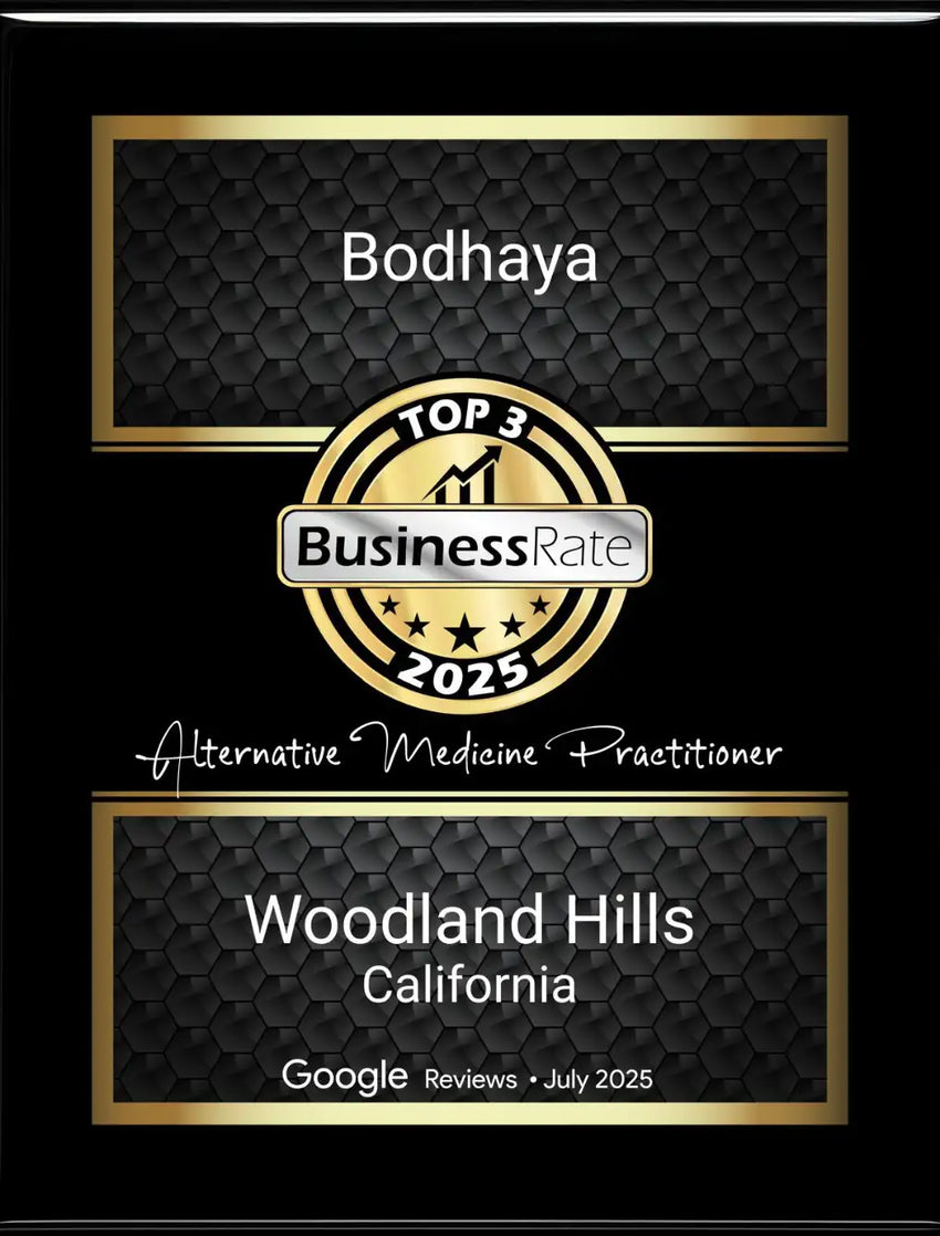 Black and gold framed award plaque for bodhaya, an alternative medicine practitioner in woodland hills, california.