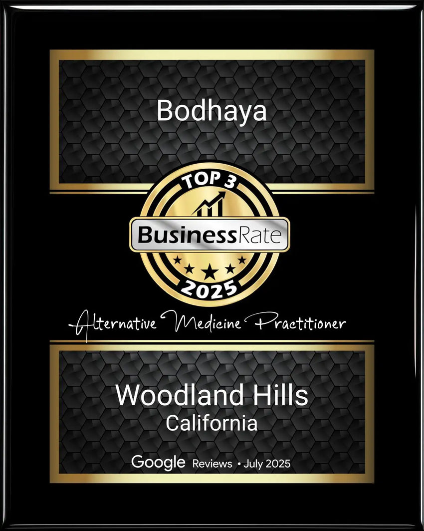 Black plaque with gold accents and hexagonal pattern, businessrate award for top 3 alternative medicine practitioner in woodland hills california.