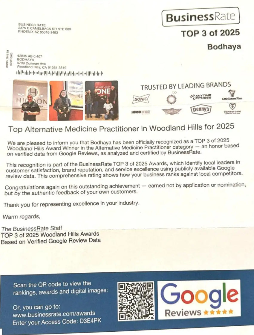 Businessrate award letter for bodhaya, recognizing it as a top 3 alternative medicine practitioner in woodland hills for 2025.