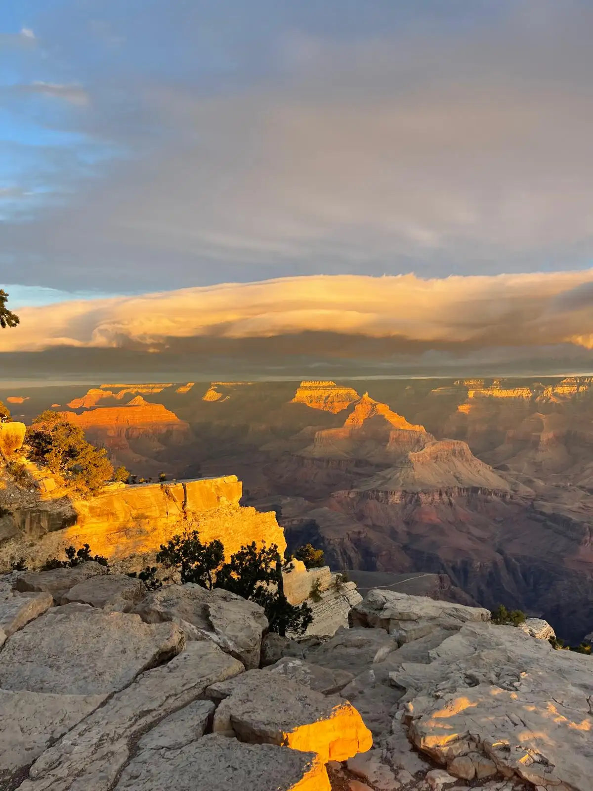 The grand canyon’s vast, layered rock formations bask in golden sunset light against a soft blue and orange sky.