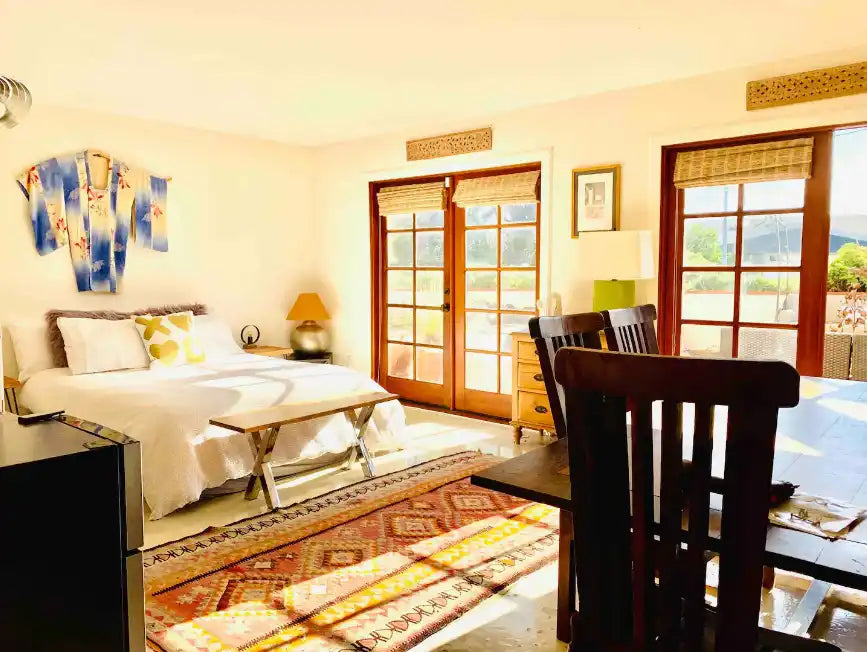 Sunlit bedroom interior.