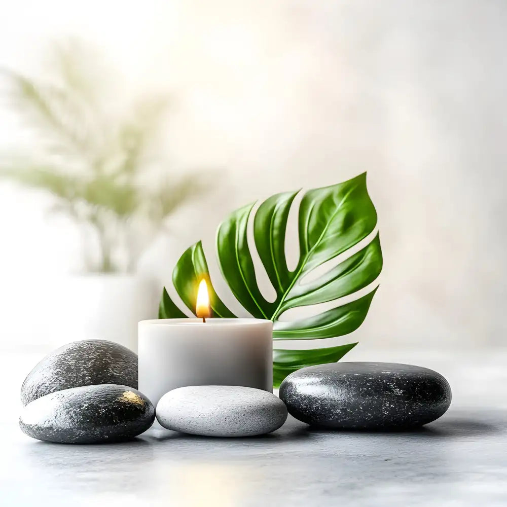 White cylindrical candle with a steady flame, surrounded by smooth river stones and a vibrant green monstera leaf.